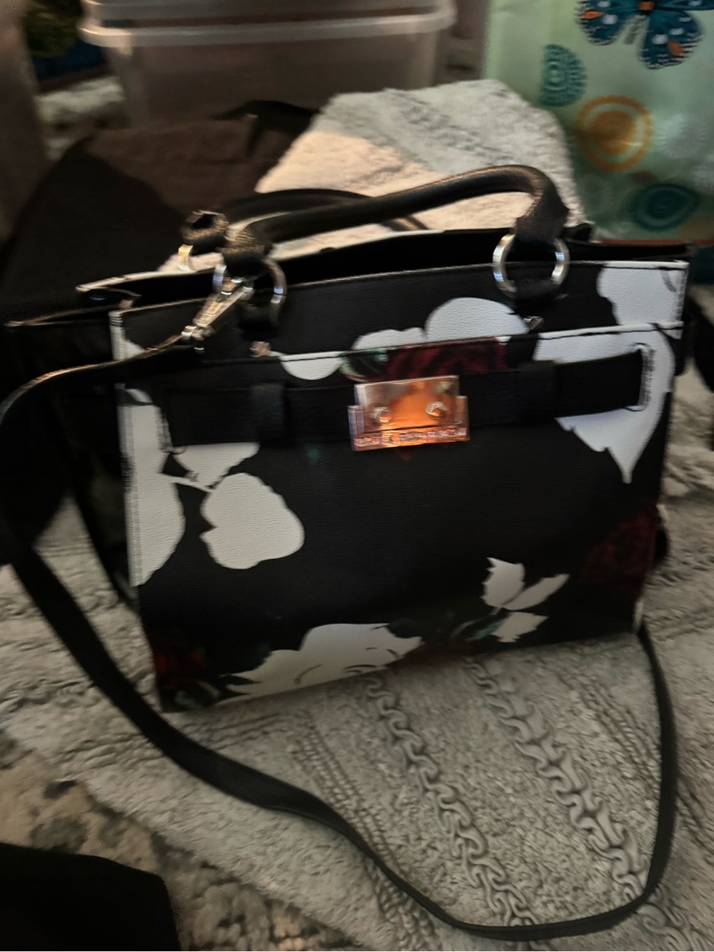 Donna Karan Black Floral Tote Bag with White Bloom Accents